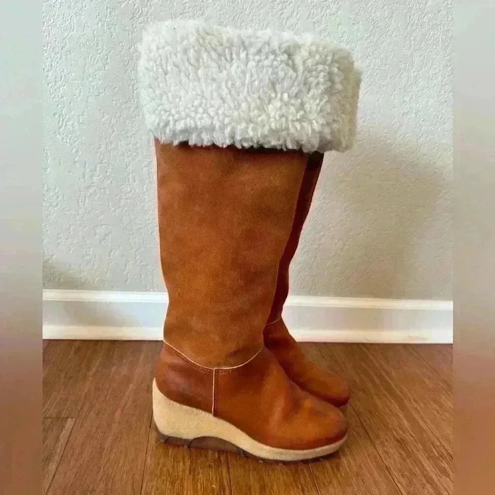 SOLD⚫️Vintage Rosita Shearling Suede Leather High Wedge Boots Women’s Size 6.5 M - Picture 2 of 11